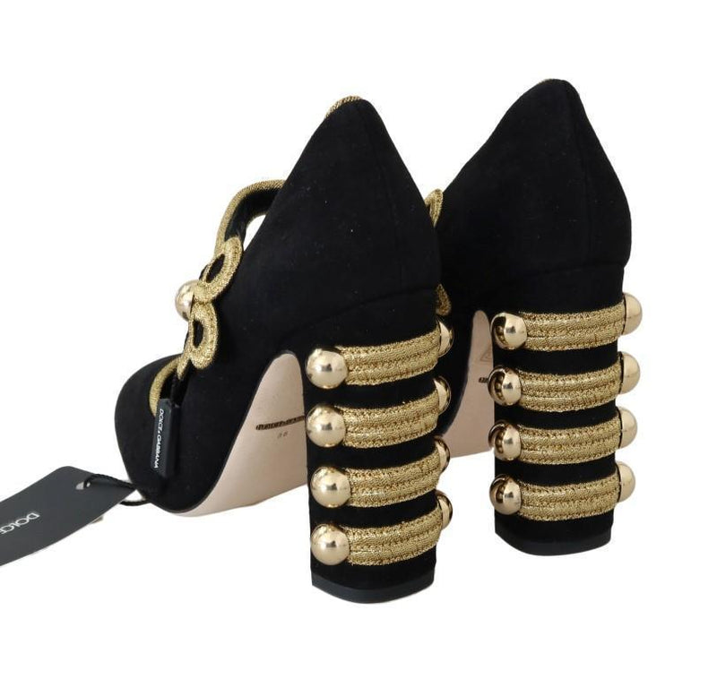 Black Suede Gold Baroque Mary Janes Shoes