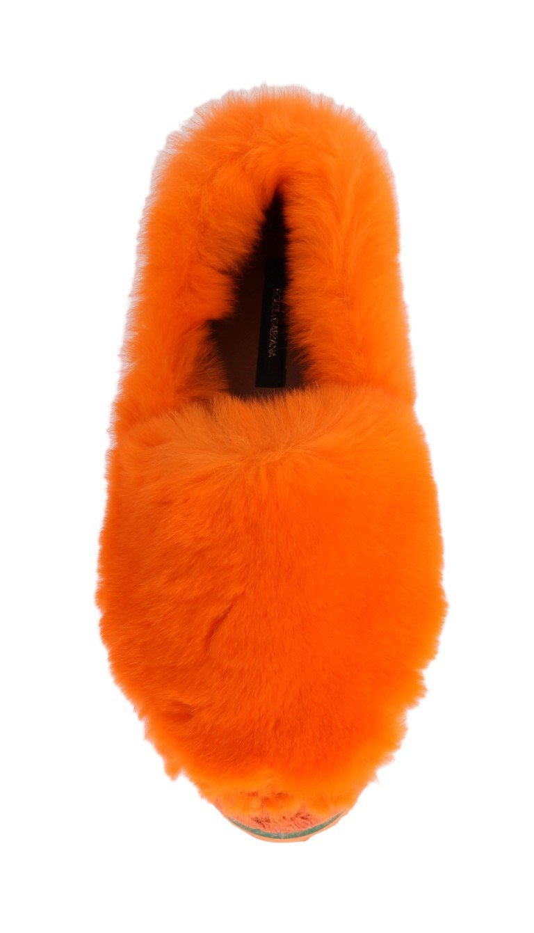 Orange Rabbit Fur Espadrilles Loafers
