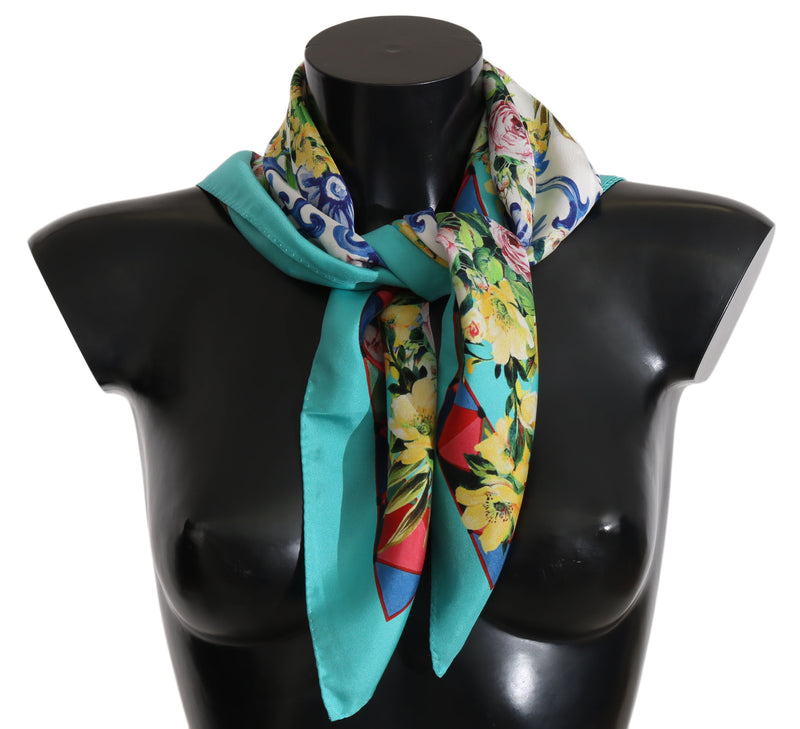 Blue Silk Square Majolica Floral Scarf