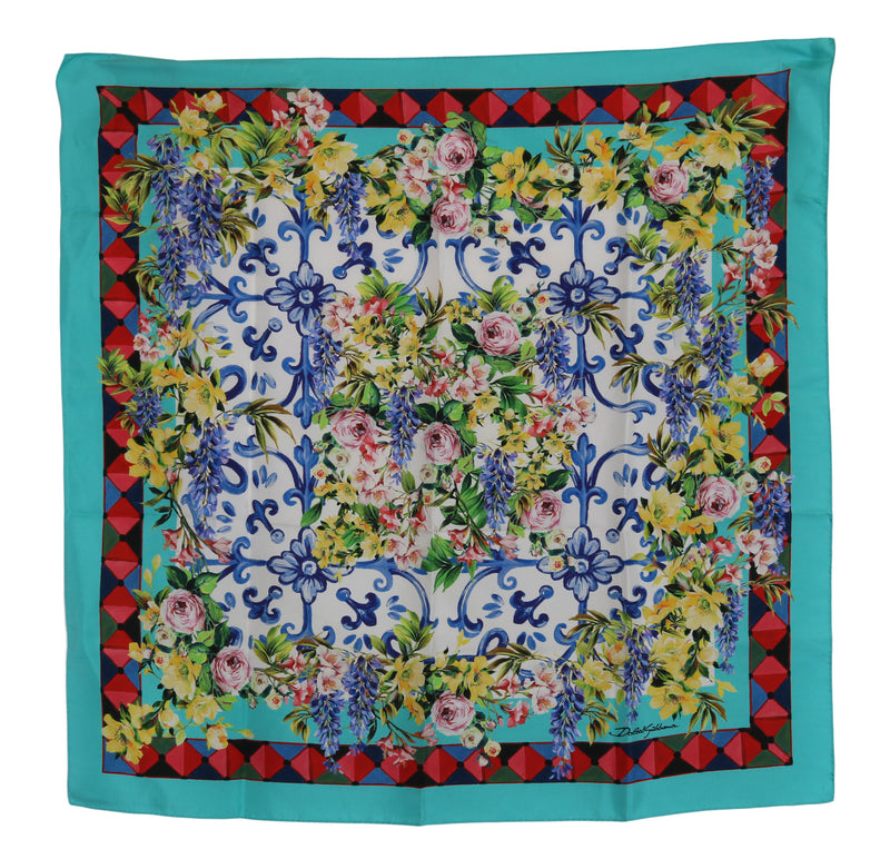 Blue Silk Square Majolica Floral Scarf