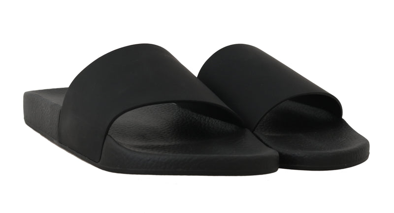 Black Rubber Leather Beachwear Slides