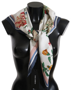 White Multicolor Floral Silk Square Scarf