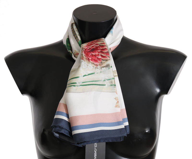 White Multicolor Floral Silk Square Scarf