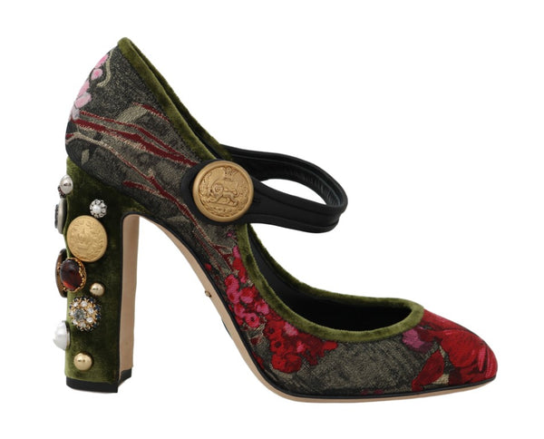 Green Jacquard Crystal Mary Janes Shoes
