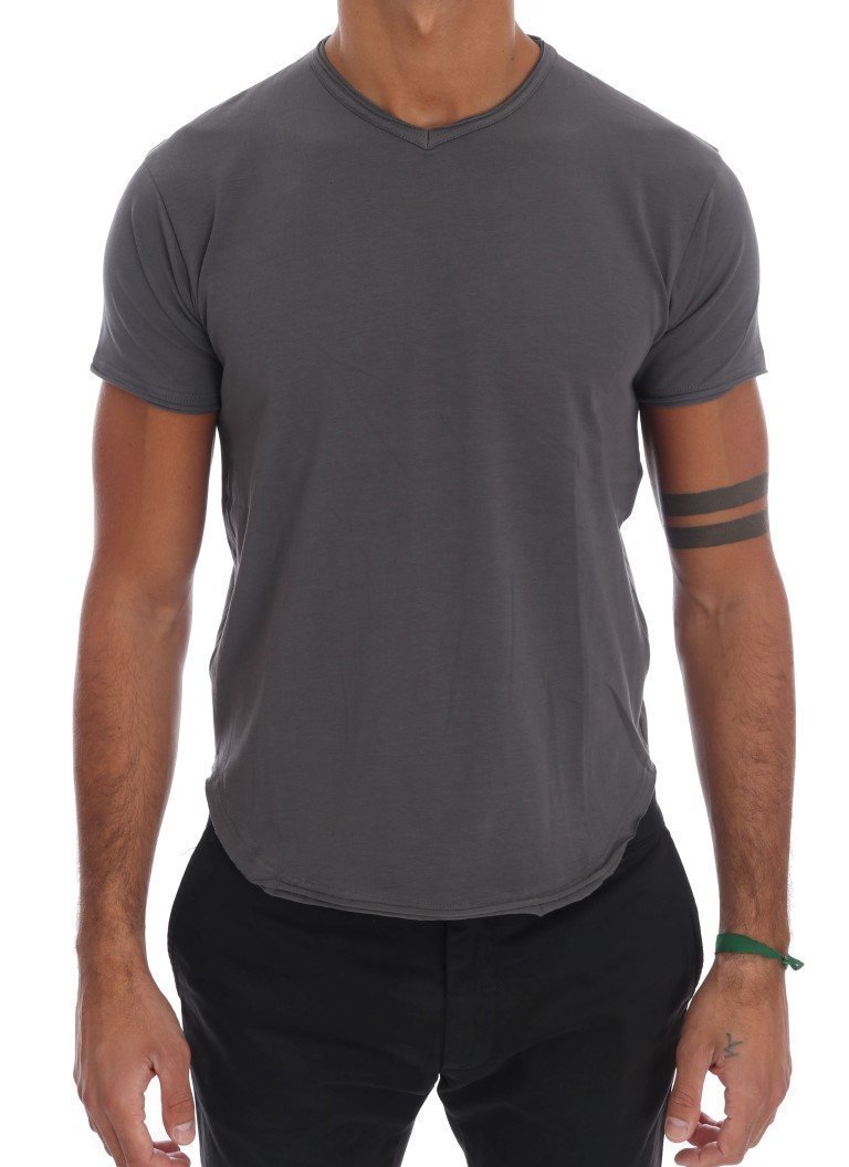 Gray Cotton Stretch V-neck T-Shirt