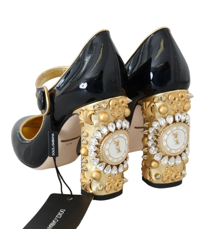 Black Leather Crystal Clock Shoes