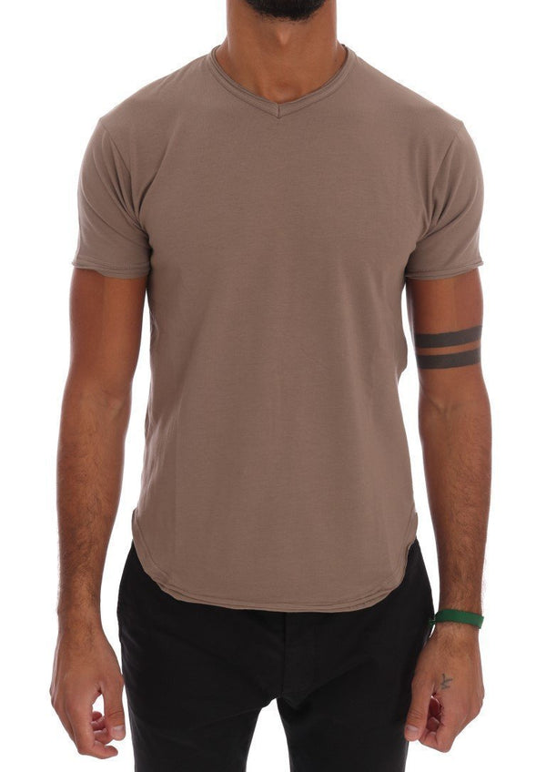 Beige Cotton Stretch V-neck T-Shirt