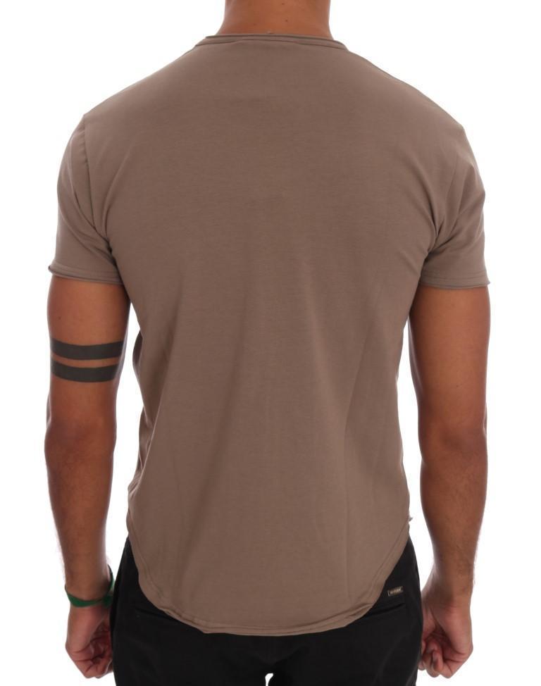 Beige Cotton Stretch V-neck T-Shirt