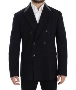 Black wool stretch double blazer