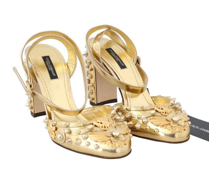 Gold Leather Crystal Studded Sandals