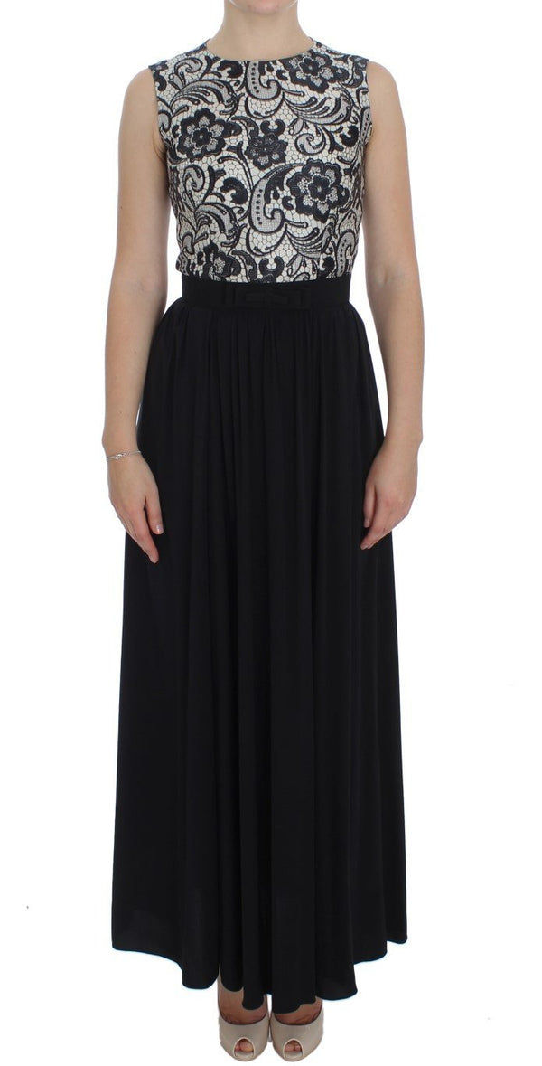 Black Floral Silk Empire Maxi Long Dress