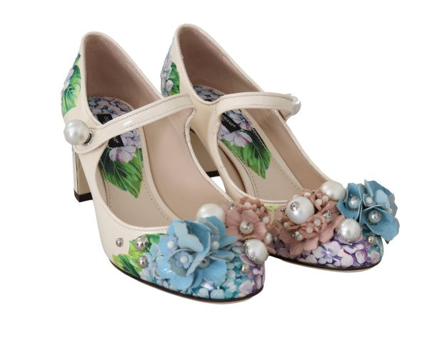 Beige Hortensia Floral Mary Janes Shoes