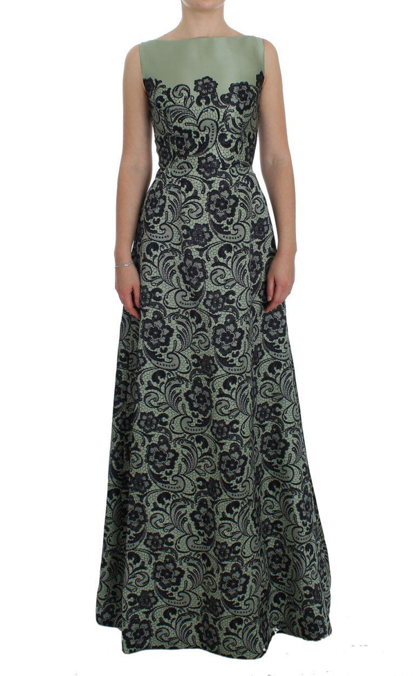 Green Floral Lace Silk Princess Maxi Dress