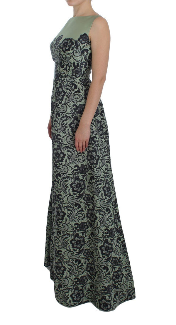 Green Floral Lace Silk Princess Maxi Dress