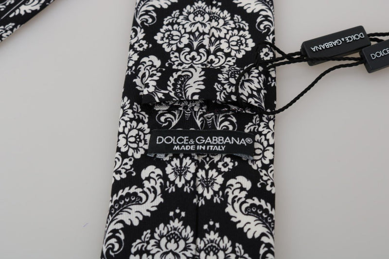Black Silk White Floral Pattern Classic Tie