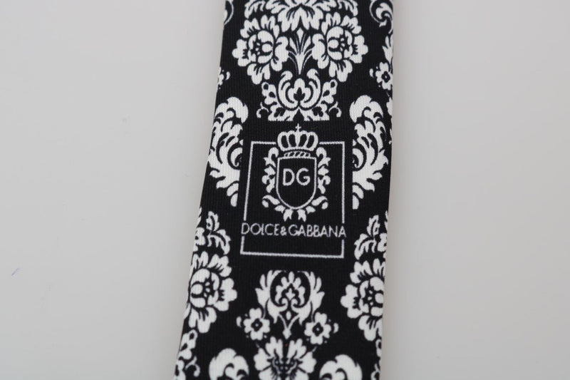 Black Silk White Floral Pattern Classic Tie