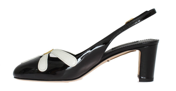 Black Leather Floral Slingbacks