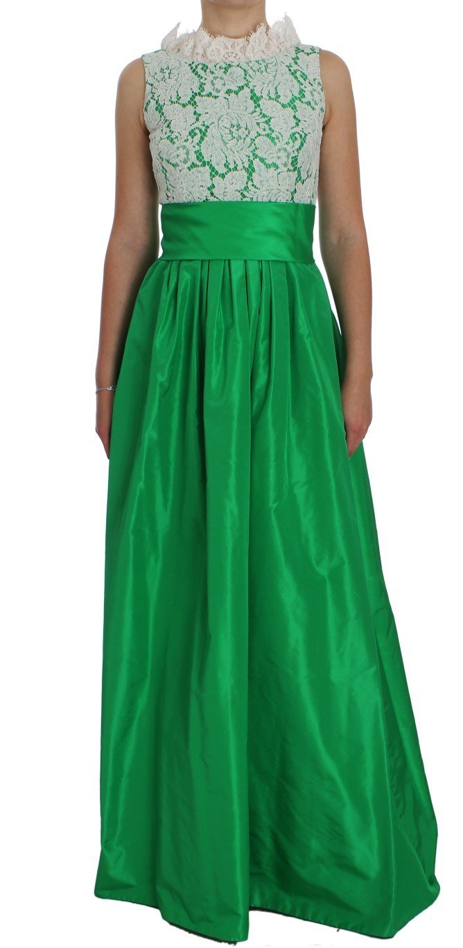 Green White Lace Silk Princess Maxi Dress