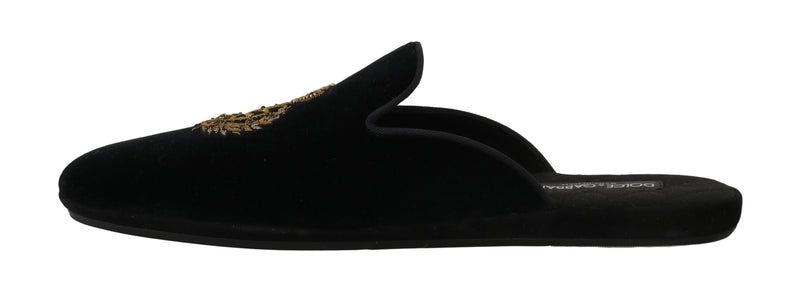 Black Velvet Gold Crown Slippers