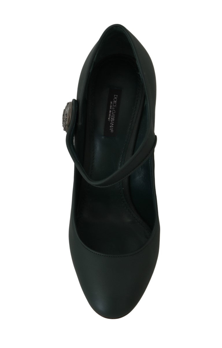 Dark Green Leather DG Coin Mary Janes Shoes