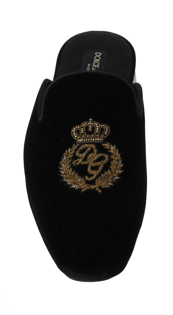 Black Velvet Gold Crown Slippers