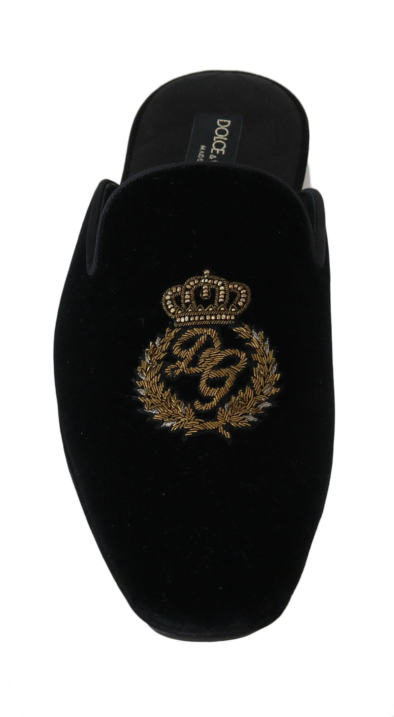 Black Velvet Gold Crown Slippers