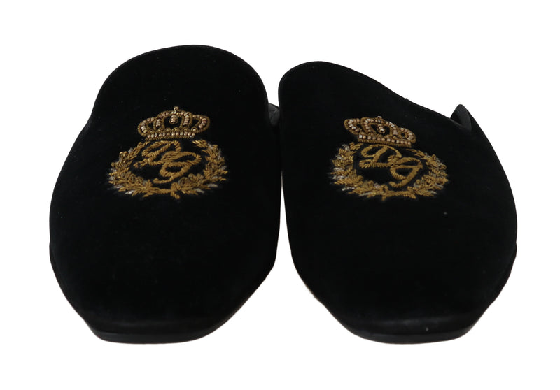 Black Velvet Gold Crown Slippers