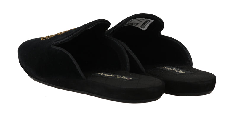 Black Velvet Gold Crown Slippers