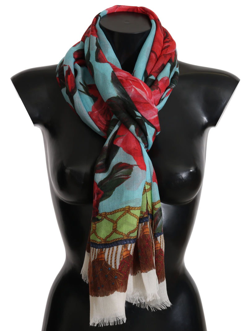 Blue Red Roses Cashmere Silk Wrap Scarf