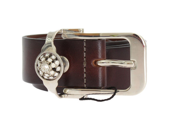 Brown Leather Silver Crystal Buckle Belt