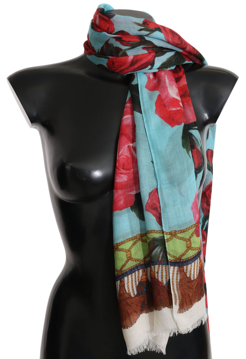 Blue Red Roses Cashmere Silk Wrap Scarf