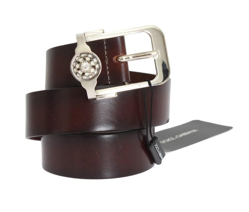 Brown Leather Silver Crystal Buckle Belt