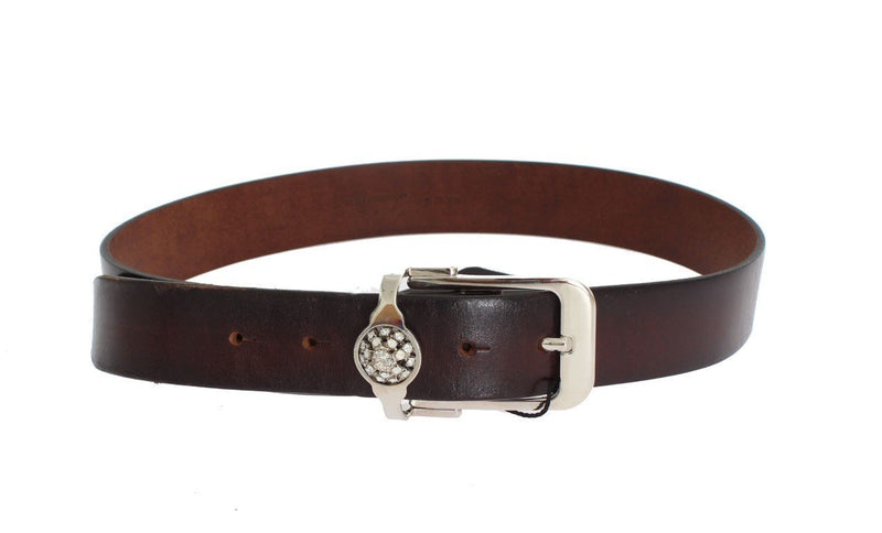 Brown Leather Silver Crystal Buckle Belt