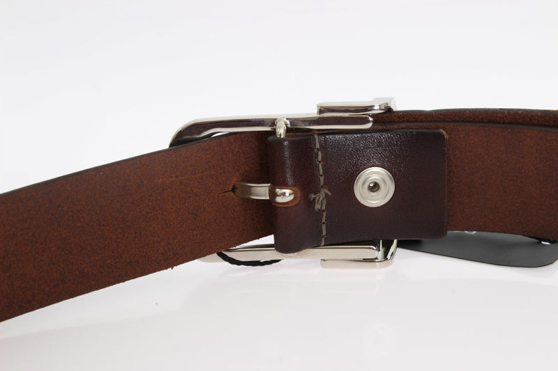 Brown Leather Silver Crystal Buckle Belt