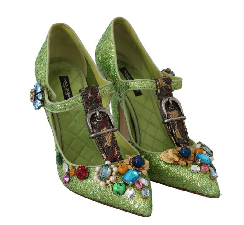 Green Sequin Leather Crystal Sandal