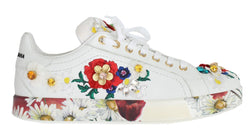 White Leather Floral Crystal Sneakers