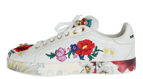 White Leather Floral Crystal Sneakers