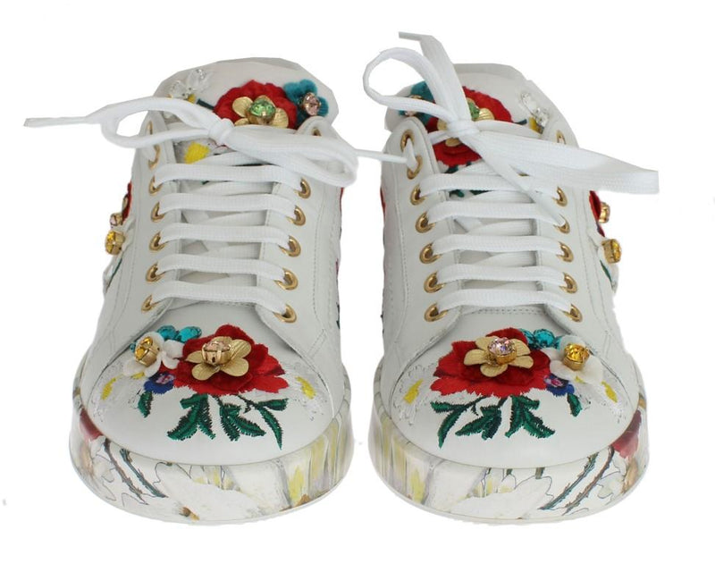 White Leather Floral Crystal Sneakers