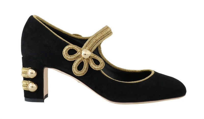 Black Suede Gold Baroque Mary Janes Shoes