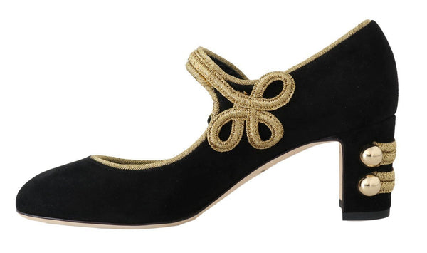 Black Suede Gold Baroque Mary Janes Shoes