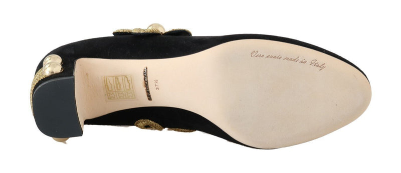 Black Suede Gold Baroque Mary Janes Shoes