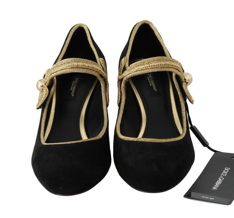 Black Suede Gold Baroque Mary Janes Shoes