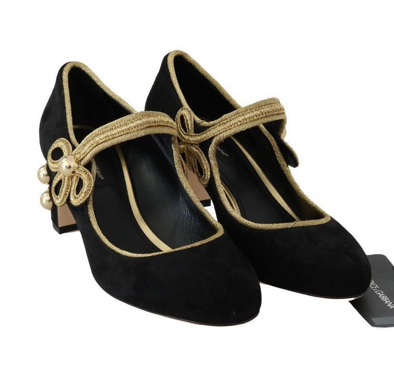 Black Suede Gold Baroque Mary Janes Shoes