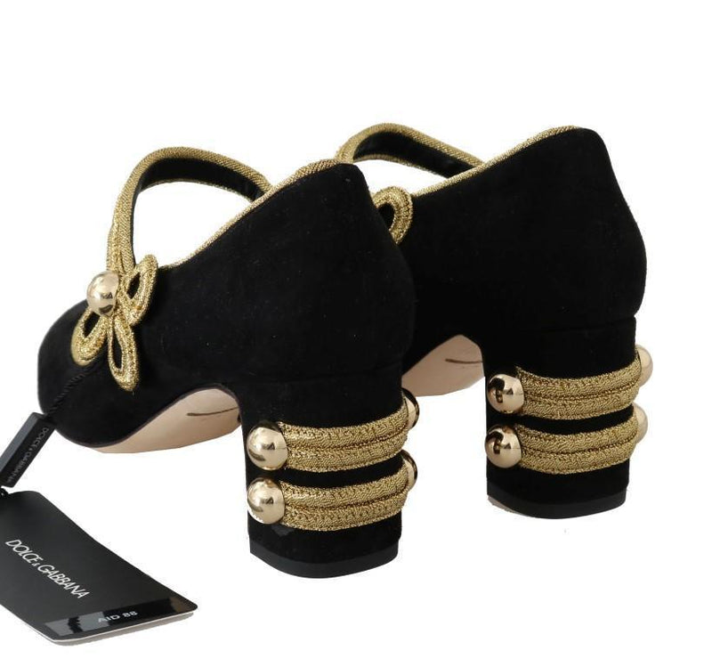 Black Suede Gold Baroque Mary Janes Shoes