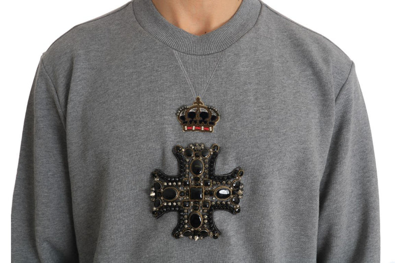 Gray Cotton Crystal Royal Crown Cross Sweater