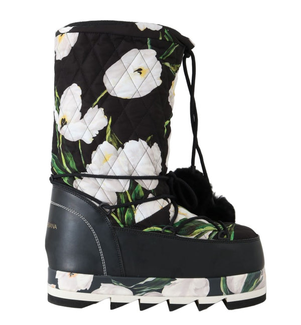 Black White Tulip Print Snow Boots
