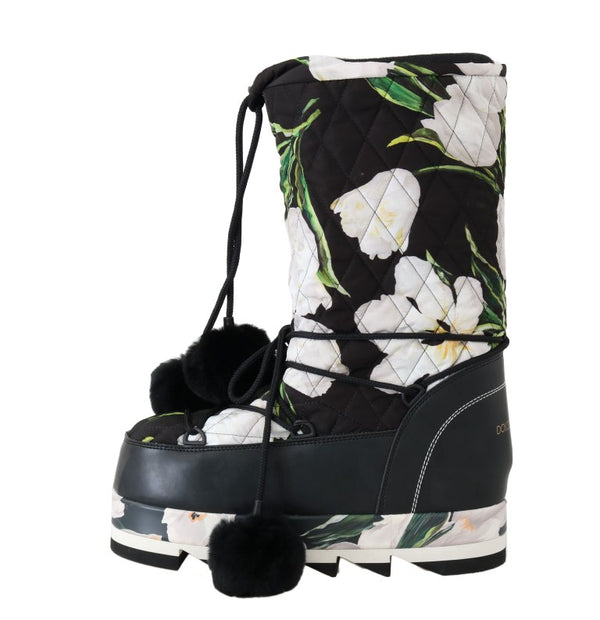 Black White Tulip Print Snow Boots
