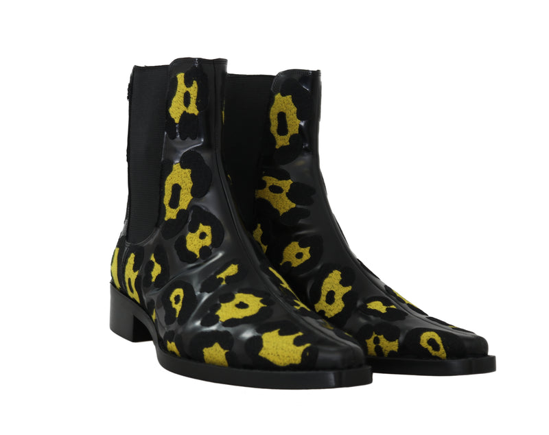 Black Leather Leopard Chelsea Boots