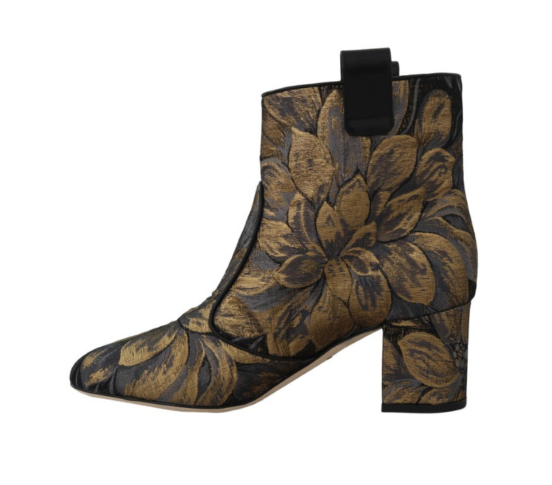 Gold Jacquard Floral Ankle Boots