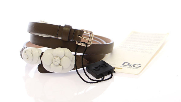 Brown Leather Floral Logo Belt